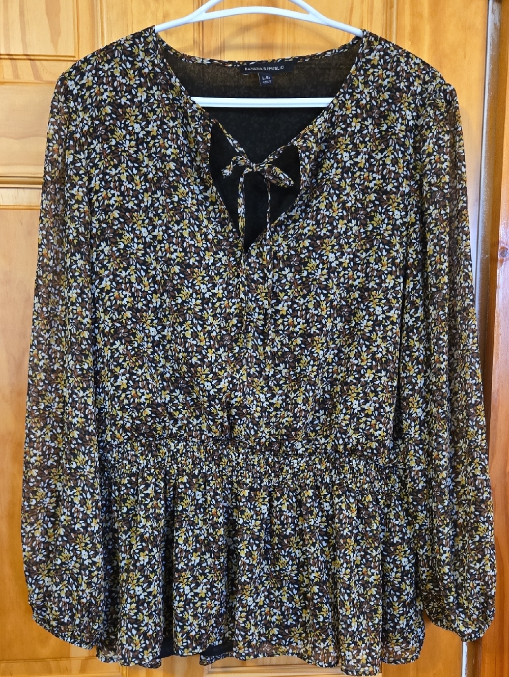 Banana Republic Black Floral Peplum Top with Mustard Accents